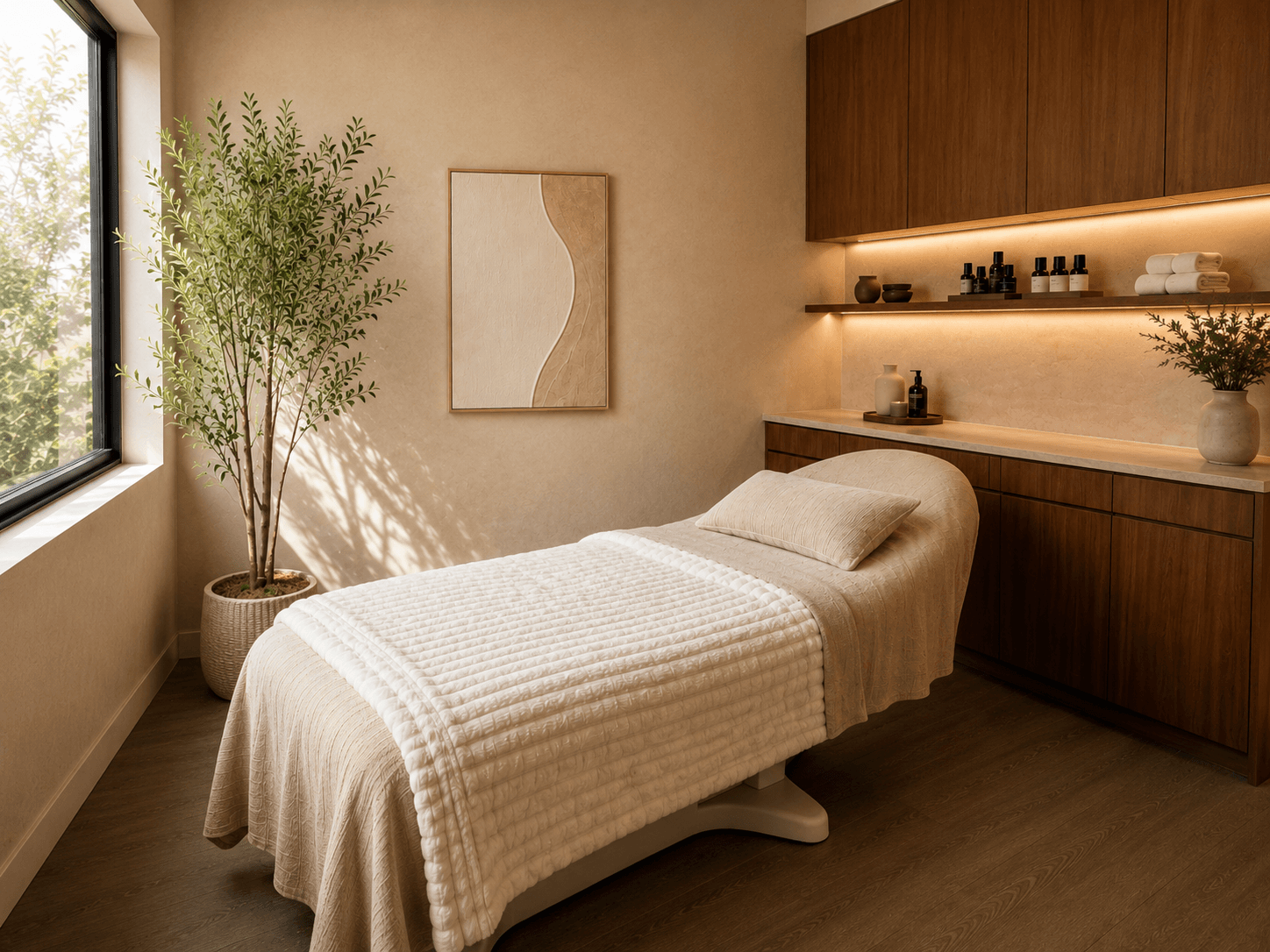 A treatment bed in a warm-toned room with plaster walls and walnut cabinetry