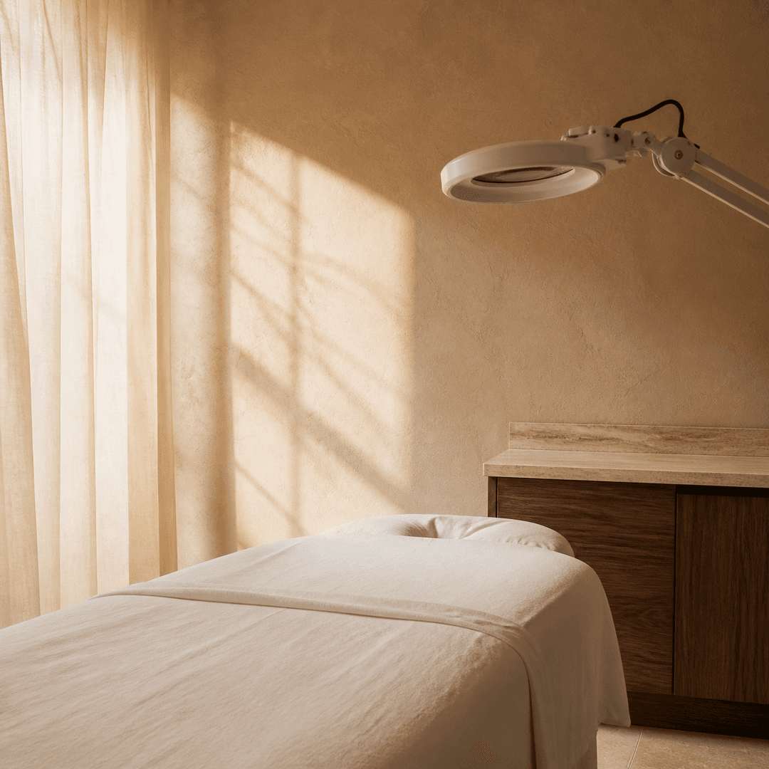 Morning light, sheer curtains, an ivory treatment bed, and a magnifying lamp in a warm mineral room