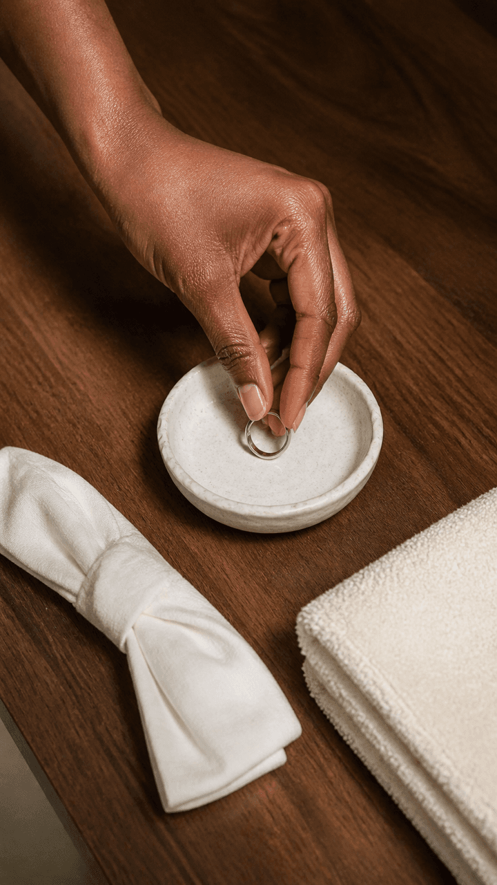 A hand places a simple ring in a ceramic dish beside folded ivory linens