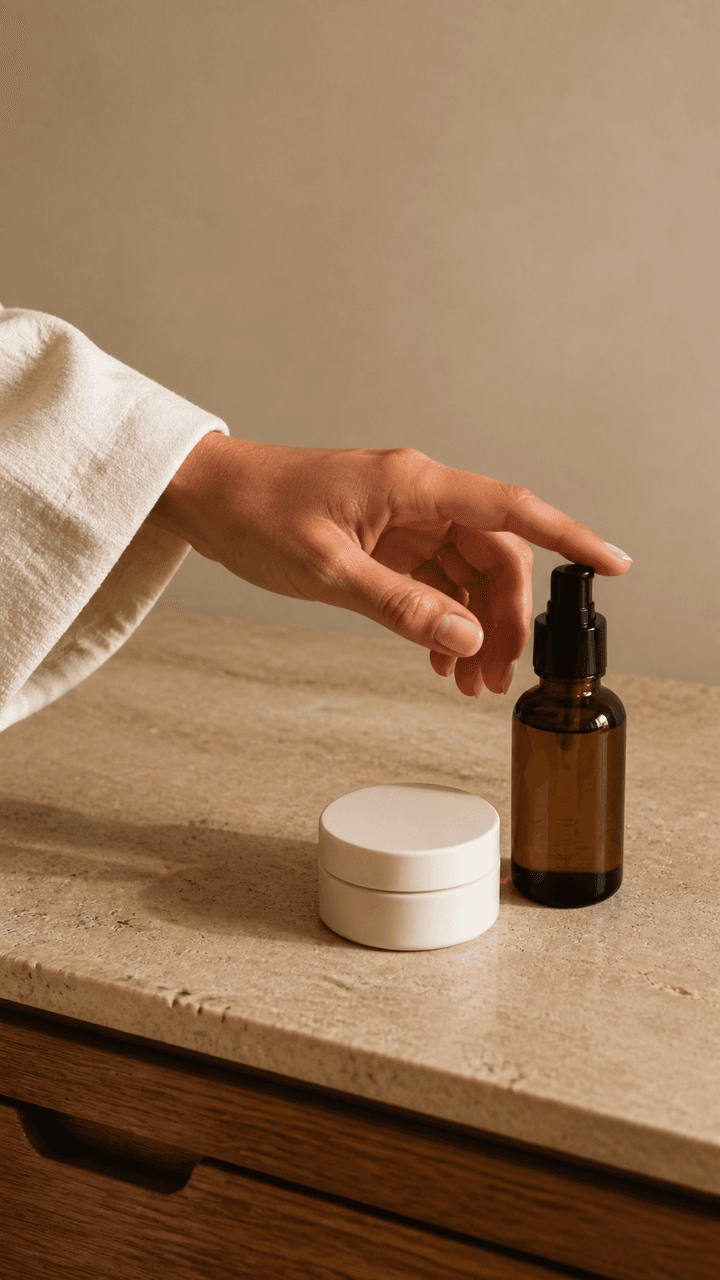 A hand reaches for an unlabeled amber pump beside a cream jar on a stone vanity