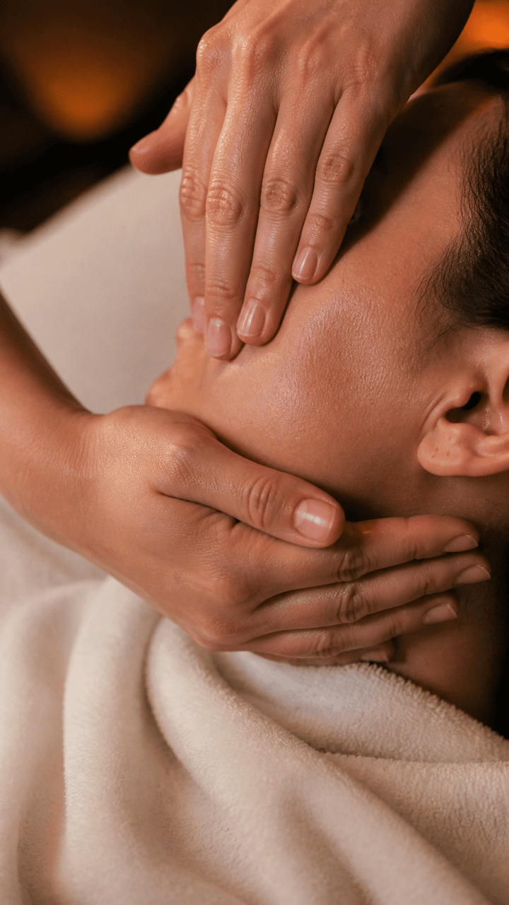 Two hands massage an anonymous cheek and jaw against ivory treatment linen