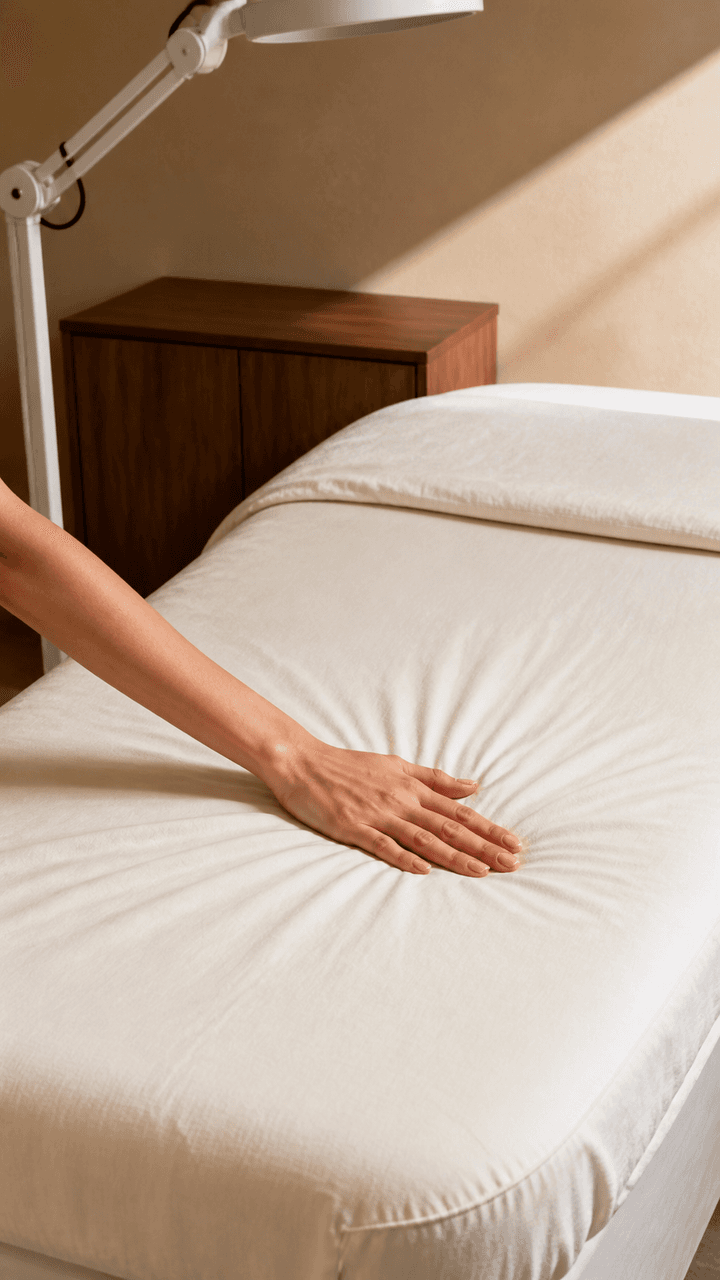 A hand smooths ivory linen across a treatment bed beneath a magnifying lamp